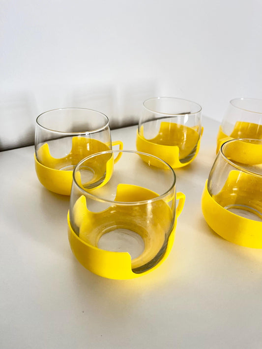 Glass Cups (6) with Yellow Plastic Holders, DDR, 1960s