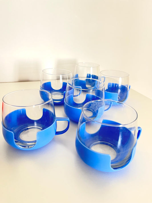 Glass Cups (6) with Blue Plastic Holders, DDR, 1960s