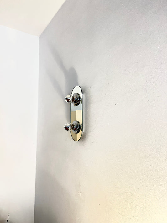 Vintage 1980s EGLO Germany wall lamp with mirrored glass front and silver metal frame, modernist two bulb sconce