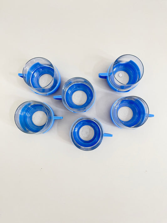 Glass Cups (6) with Blue Plastic Holders, DDR, 1960s