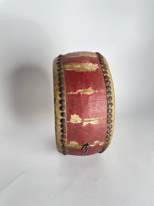 Antique handmade drum made of leather and wood, Asia