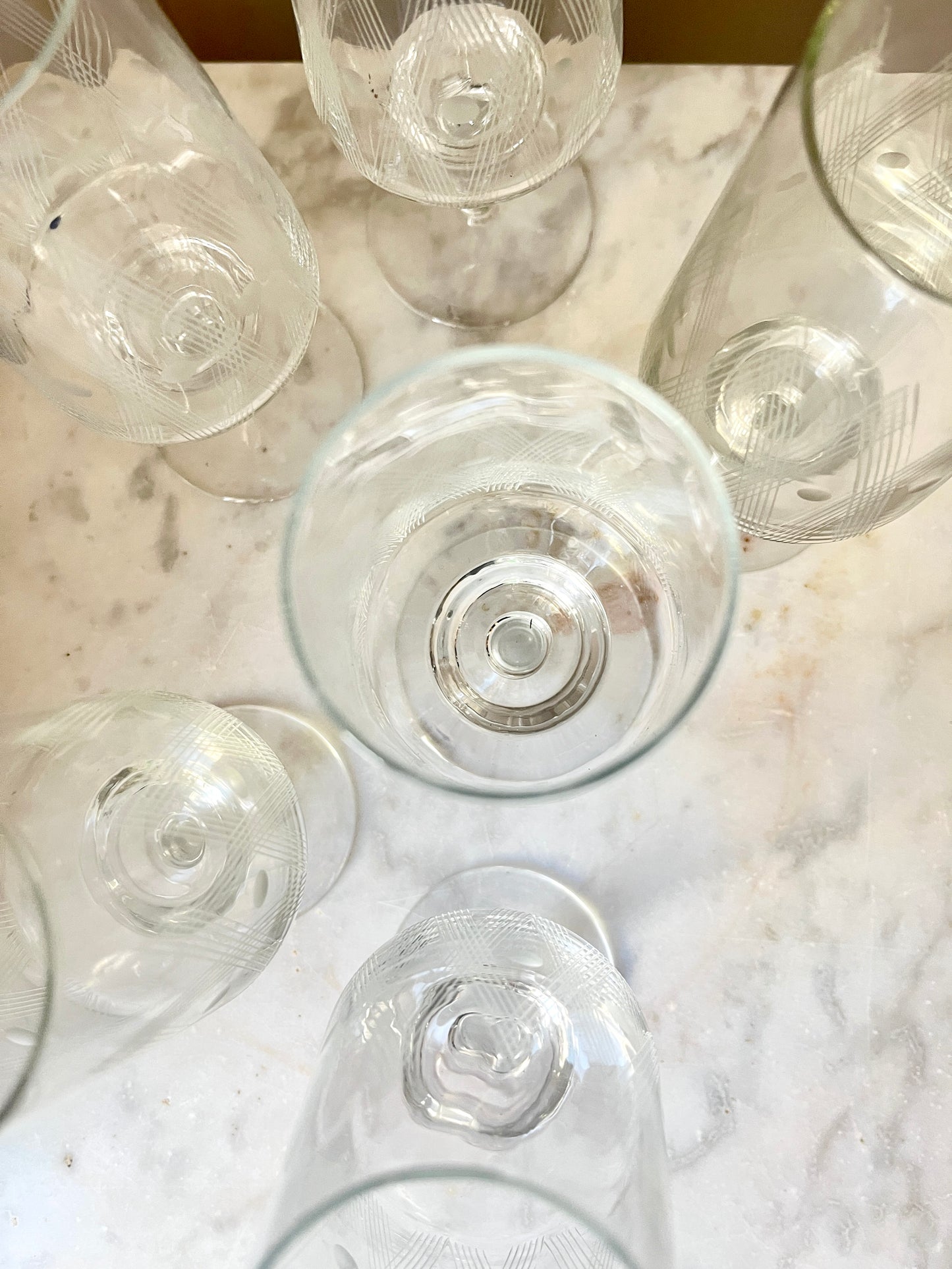 Vintage etched crystal wine or cocktail glasses, set of 6, 1960s, clear etched crystal glasses