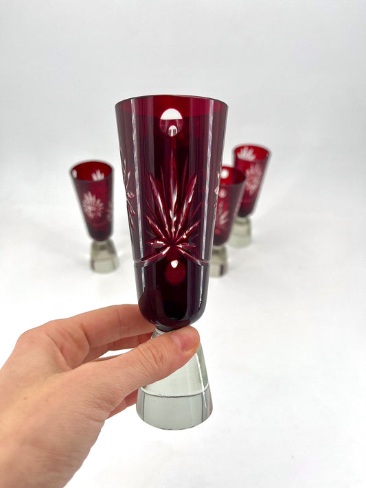 Art Deco 6 Ruby Engraved Bohemian Glasses, 1920s