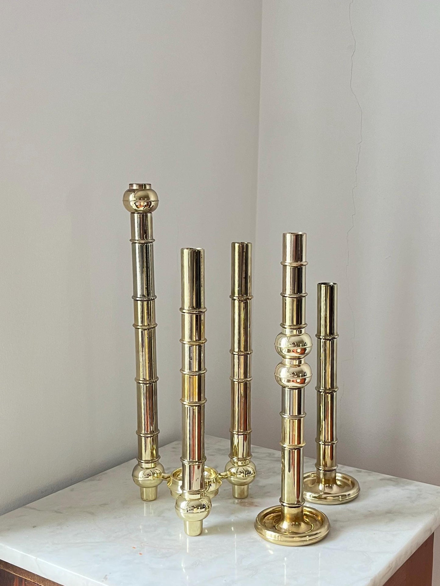 Very Rare Modular Scandinavian Brass Candlestick, 33-Piece Mid-Century Plug-In, Stoff Nagel System
