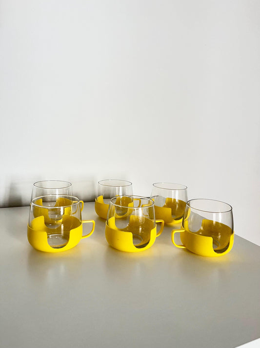 Glass Cups (6) with Yellow Plastic Holders, DDR, 1960s