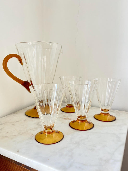 Art Deco Glass Pitcher & 4 Glasses, Germany, 1930s