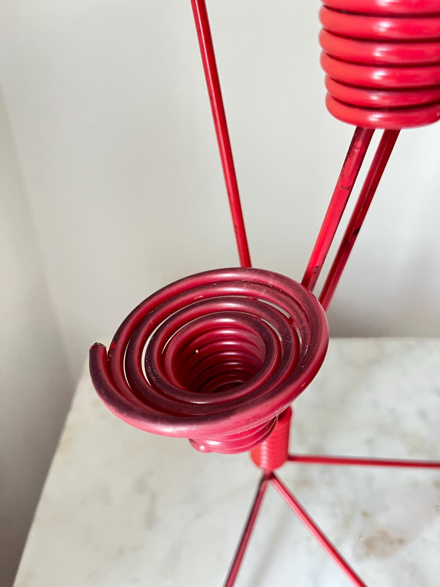 Vintage DDR red metal four-arm candlestick, East Germany, bold red geometric candlestick