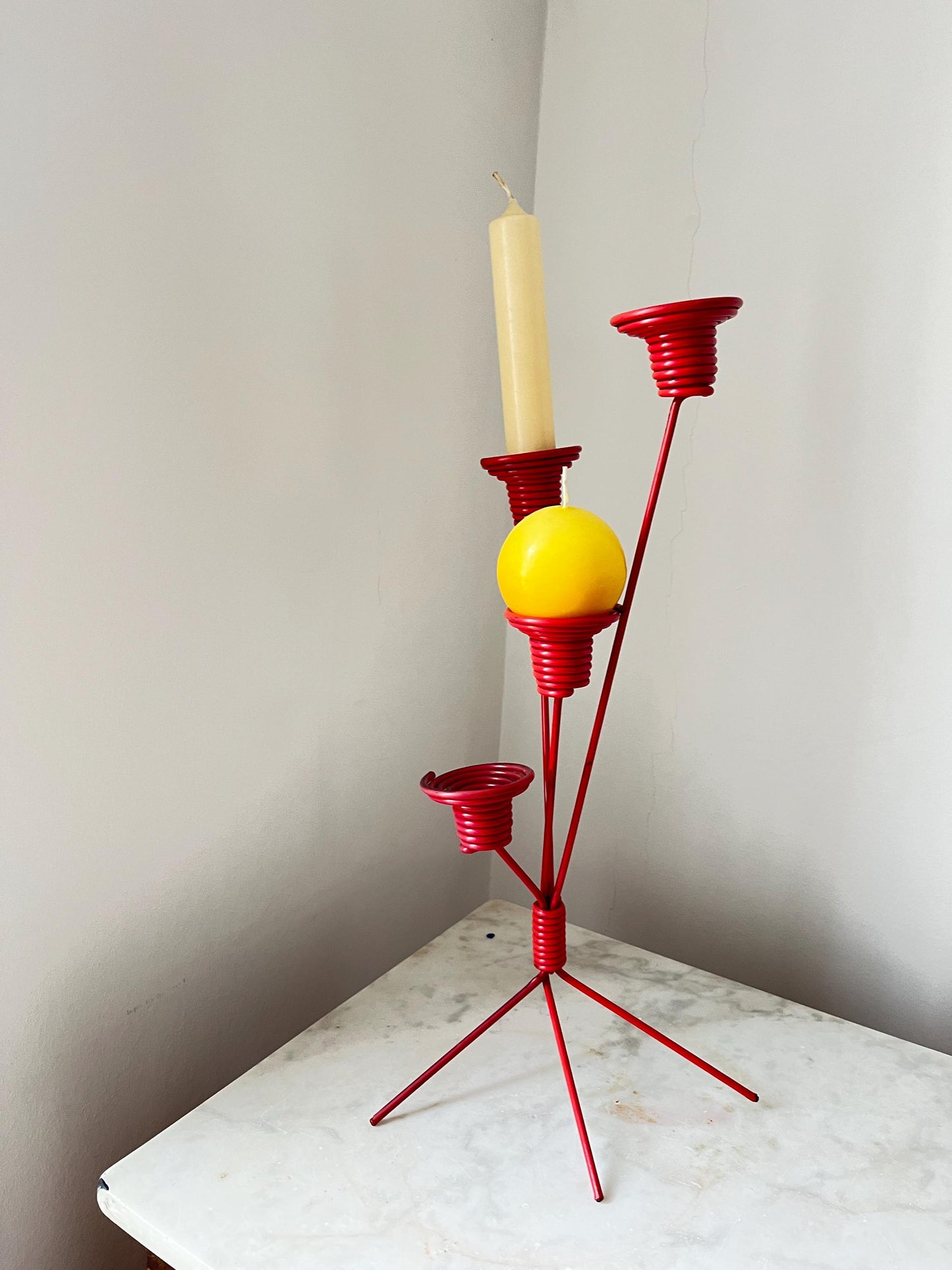 Vintage DDR red metal four-arm candlestick, East Germany, 1970s DDR candle holder