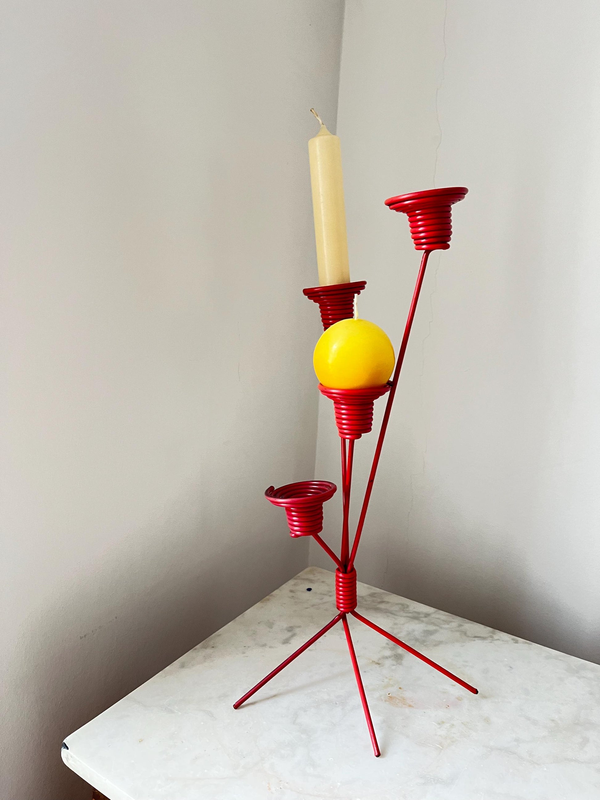 Vintage DDR red metal four-arm candlestick, East Germany, 1970s DDR candle holder
