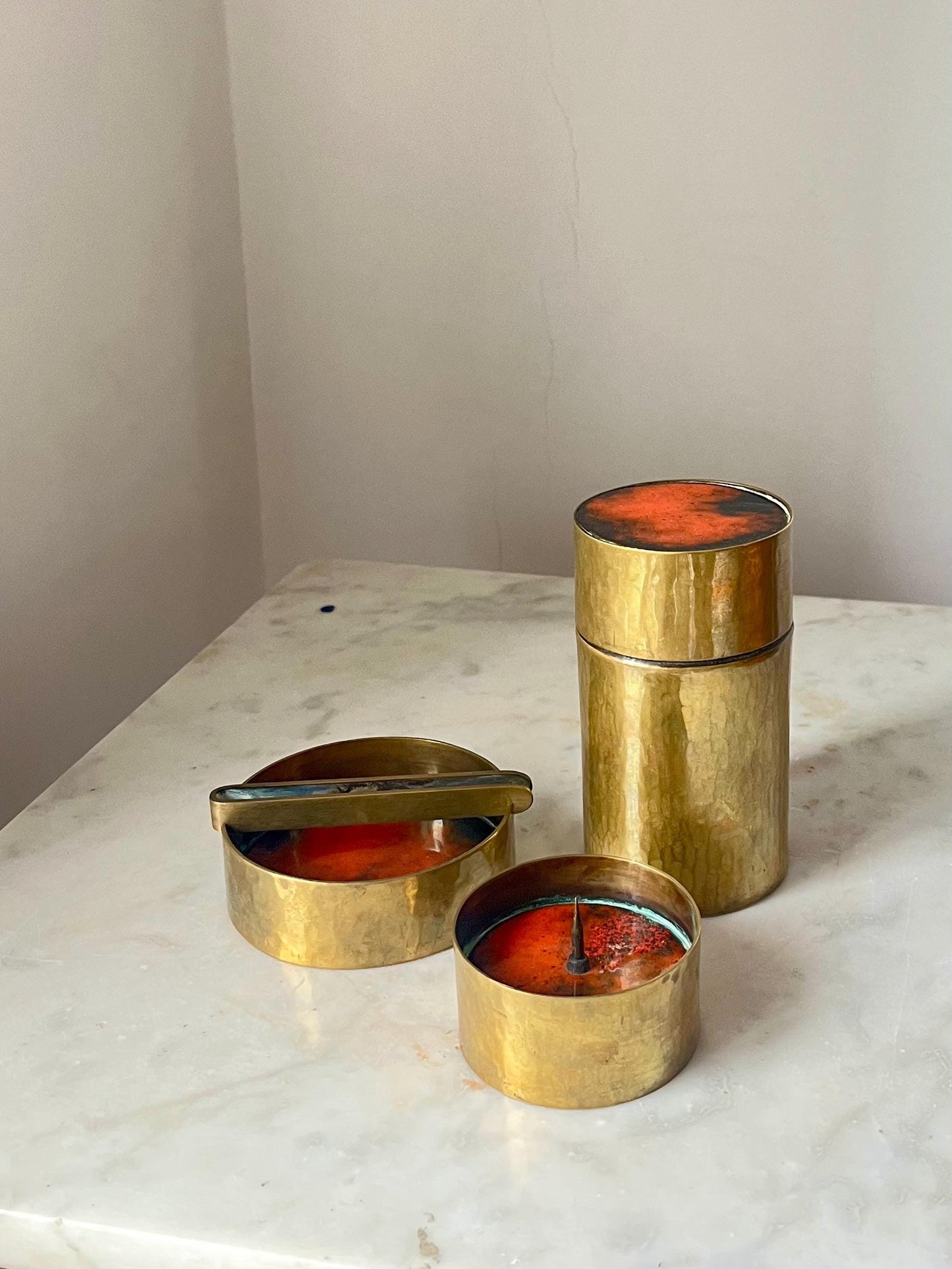 Red Enamel Bronze Set, Ashtray, Candle Holder, Jar, 1950s