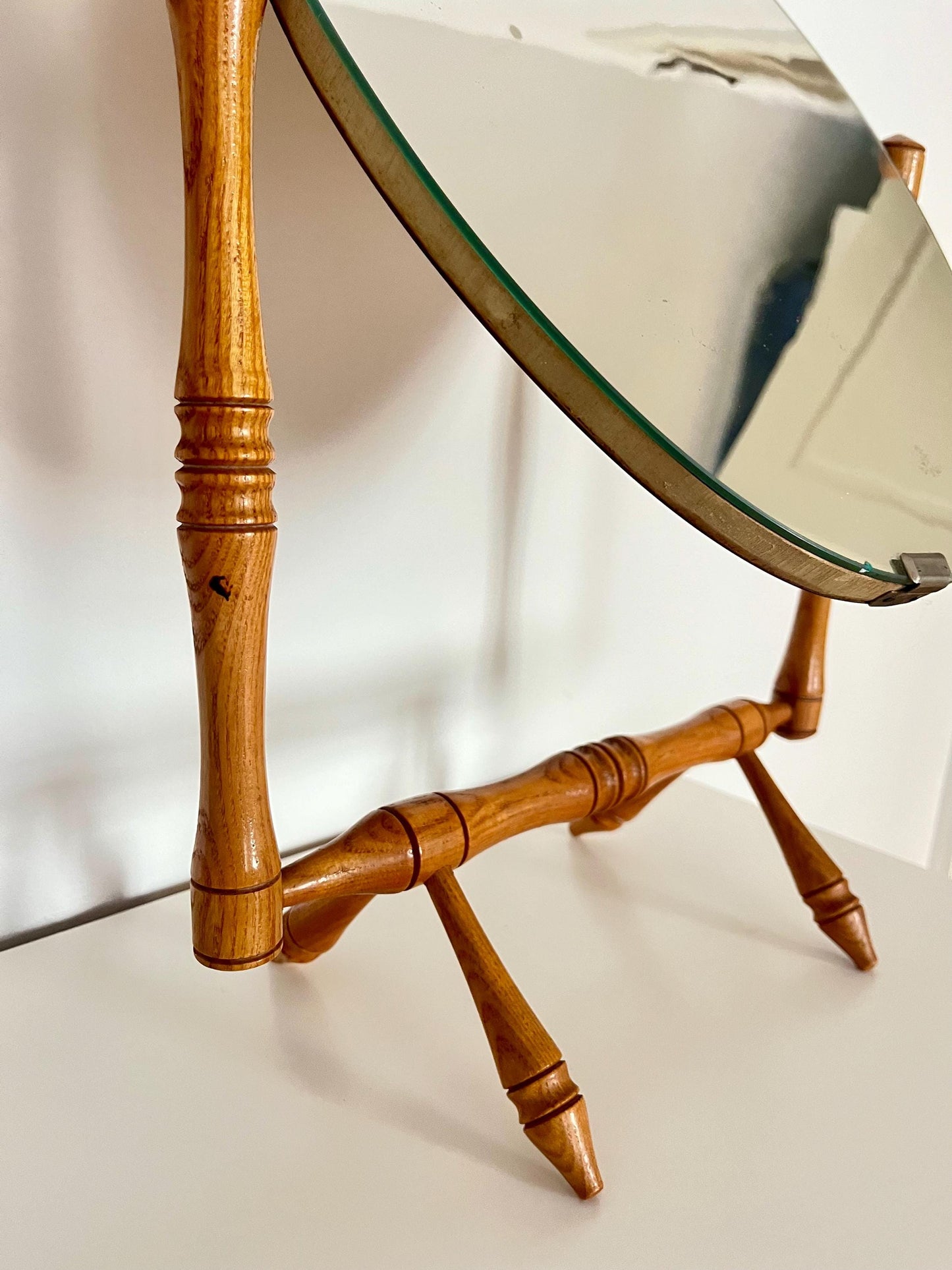 Vintage tilting wooden table mirror, Germany 1970s, turned-wood base table mirror