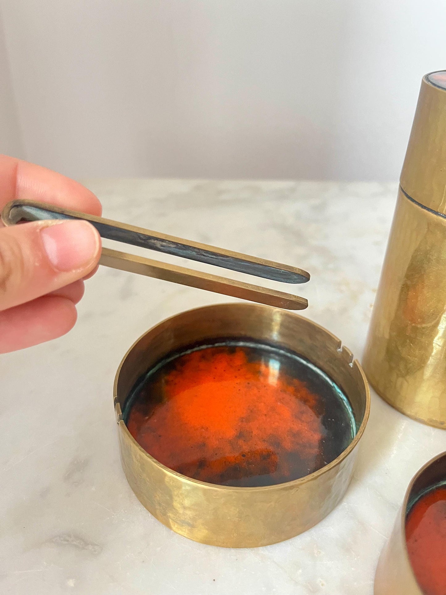 Red Enamel Bronze Set, Ashtray, Candle Holder, Jar, 1950s
