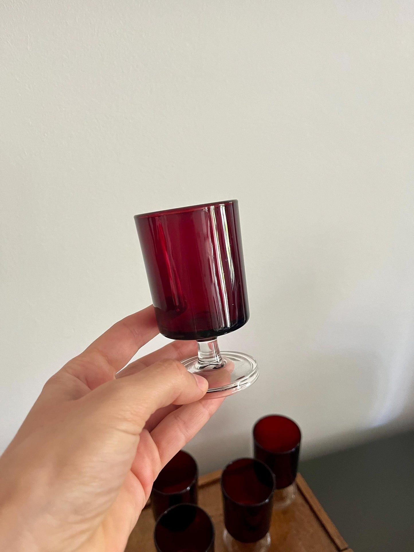 Vintage Luminarc red glasses set, France 1970s, red and clear vintage glasses