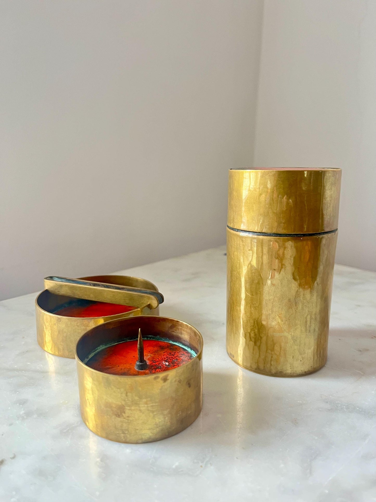 Red Enamel Bronze Set, Ashtray, Candle Holder, Jar, 1950s