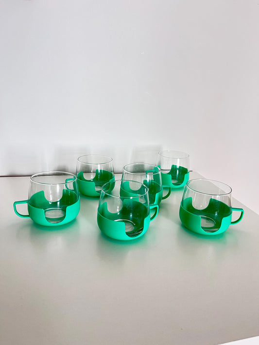 Glass Cups (6) with Green Plastic Holders, DDR, 1960s