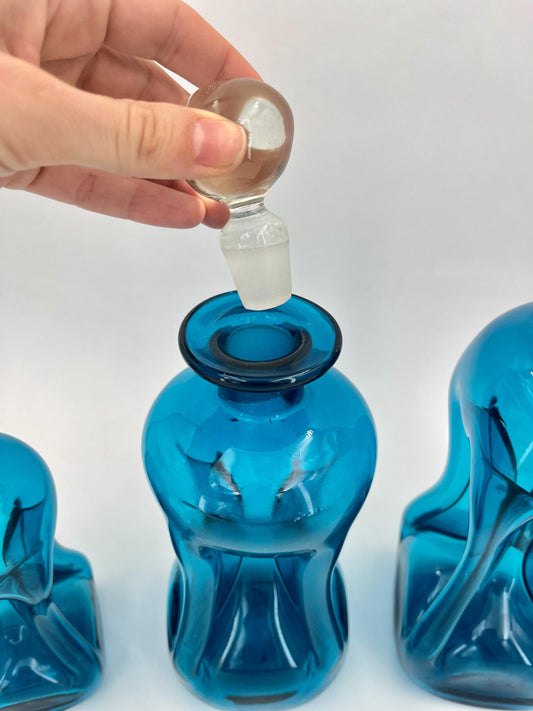 "Kluk Kluk" Blue Glass Decanter Vases, Holmegaard, Denmark, 1960s
