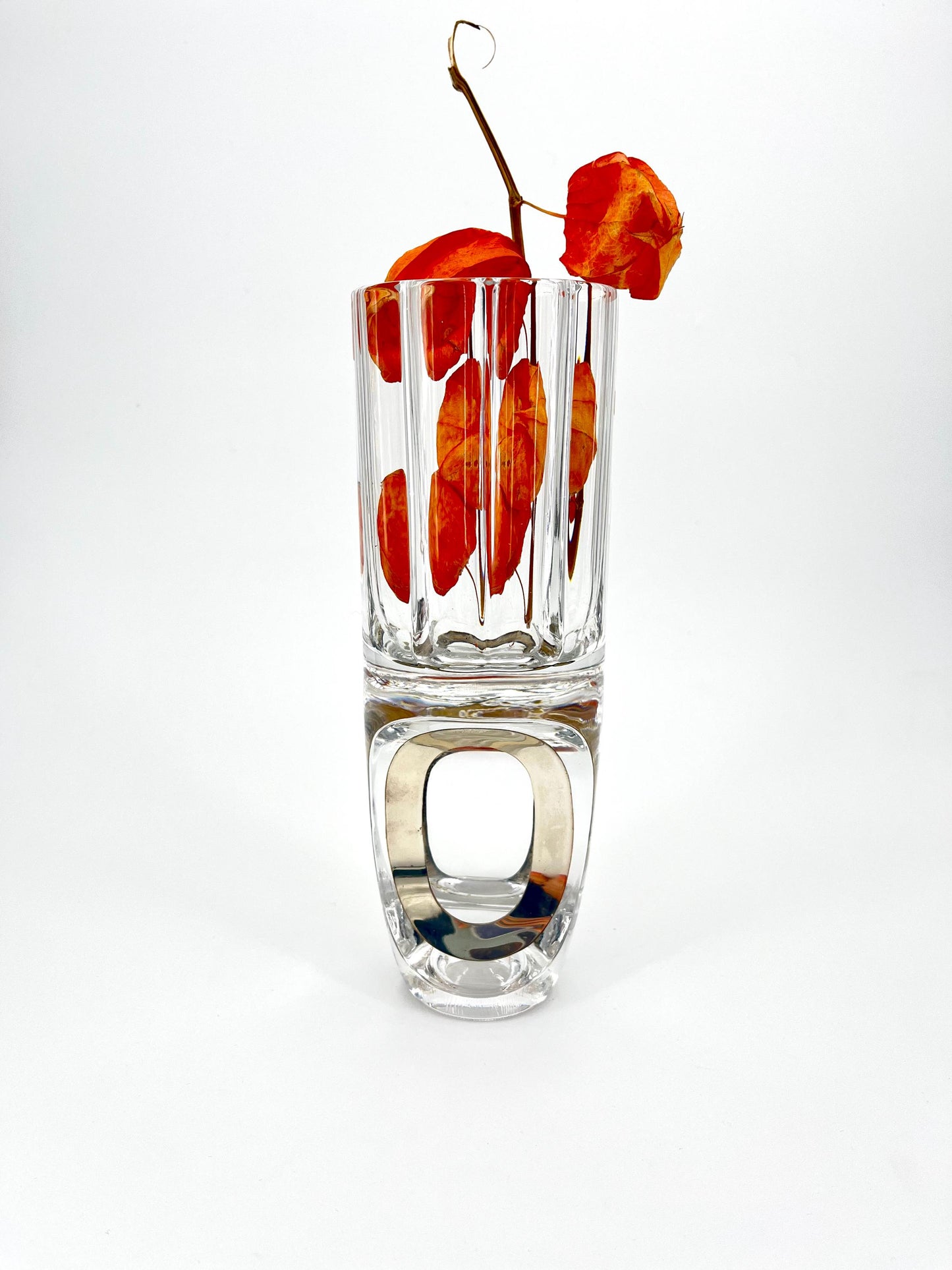Rare vintage crystal and 800 silver vase by Taddei Sestini, Italy 1970s, modernist Italian crystal and silver vase