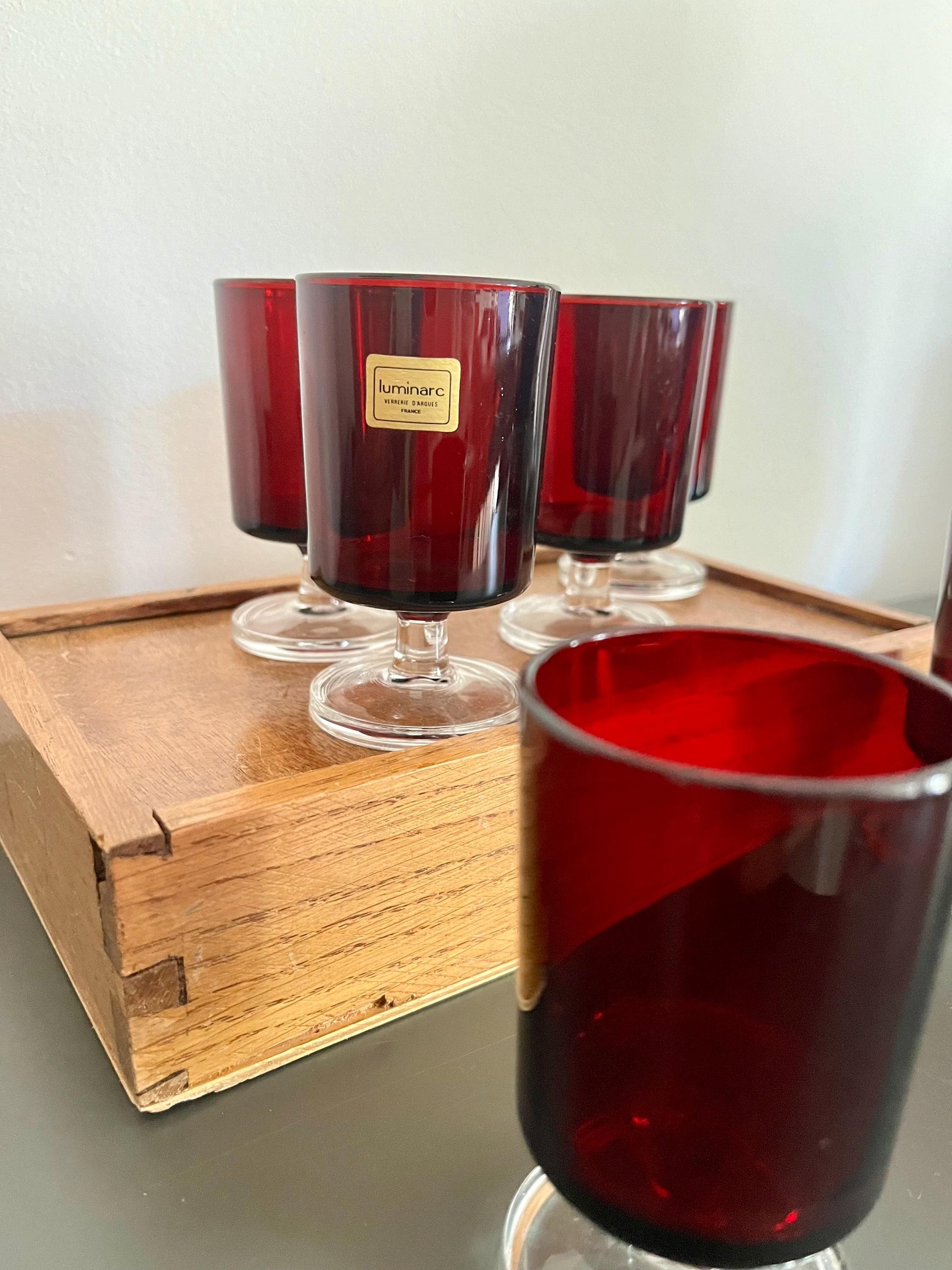 Vintage Luminarc red glasses set, France 1970s, red glass cups on clear round bases