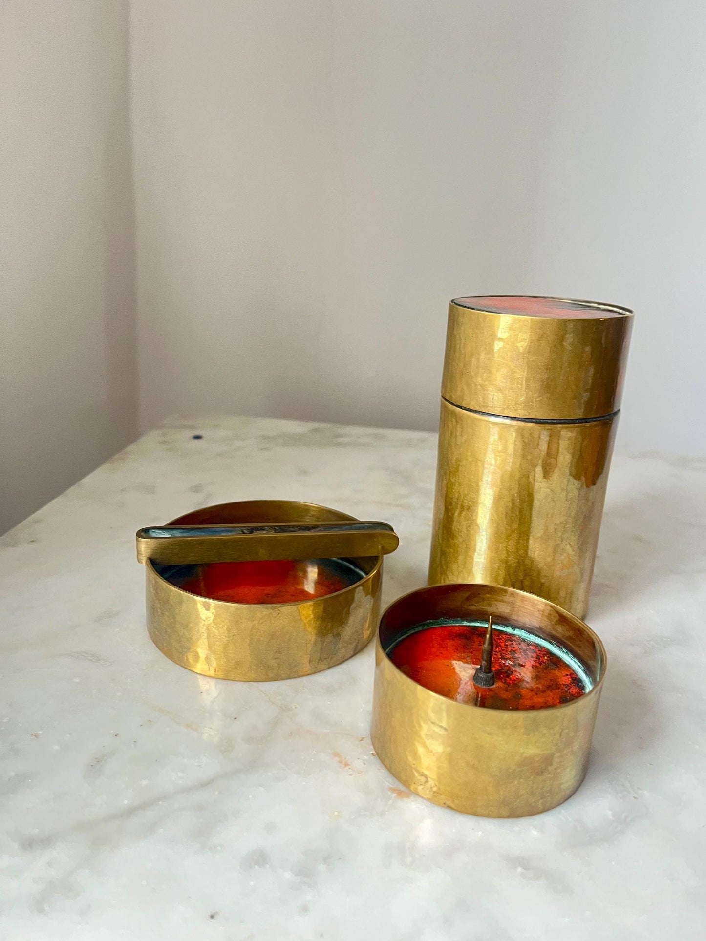 Red Enamel Bronze Set, Ashtray, Candle Holder, Jar, 1950s