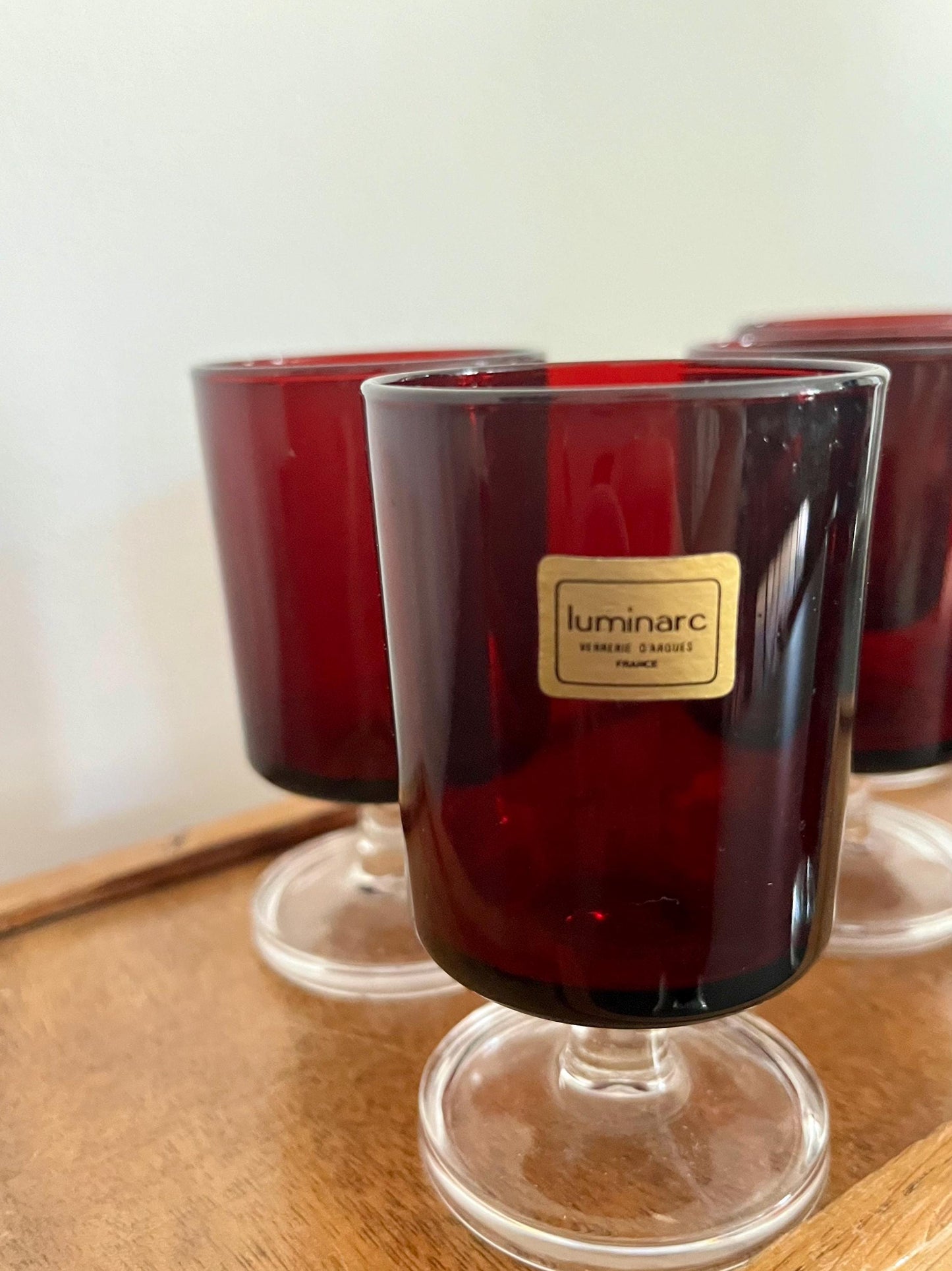 Vintage Luminarc red glasses set, France 1970s, retro French red glass tumblers