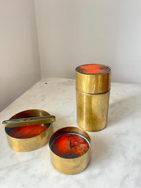 Red Enamel Bronze Set, Ashtray, Candle Holder, Jar, 1950s