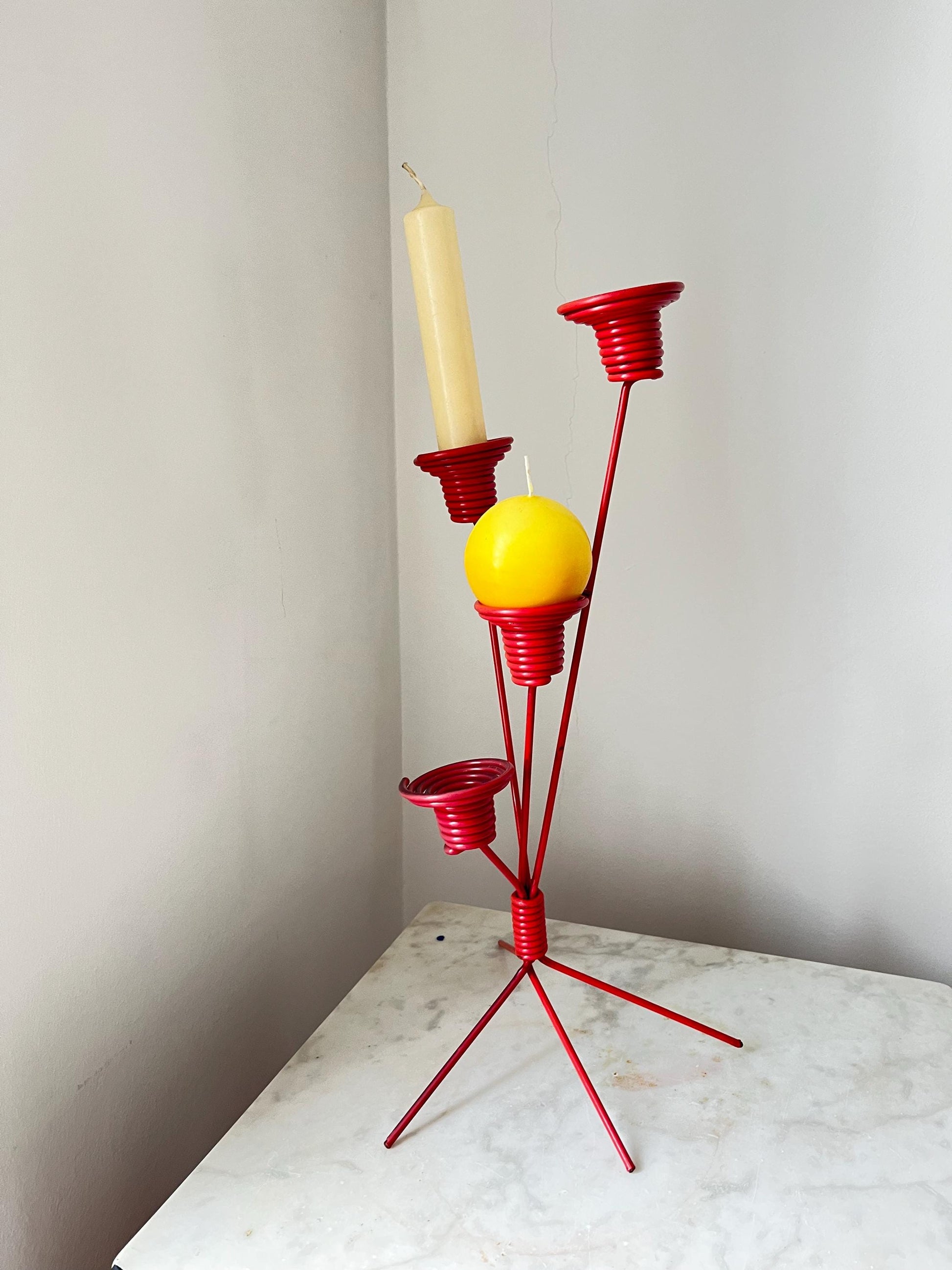 Vintage DDR red metal four-arm candlestick, East Germany, East German four-arm candlestick