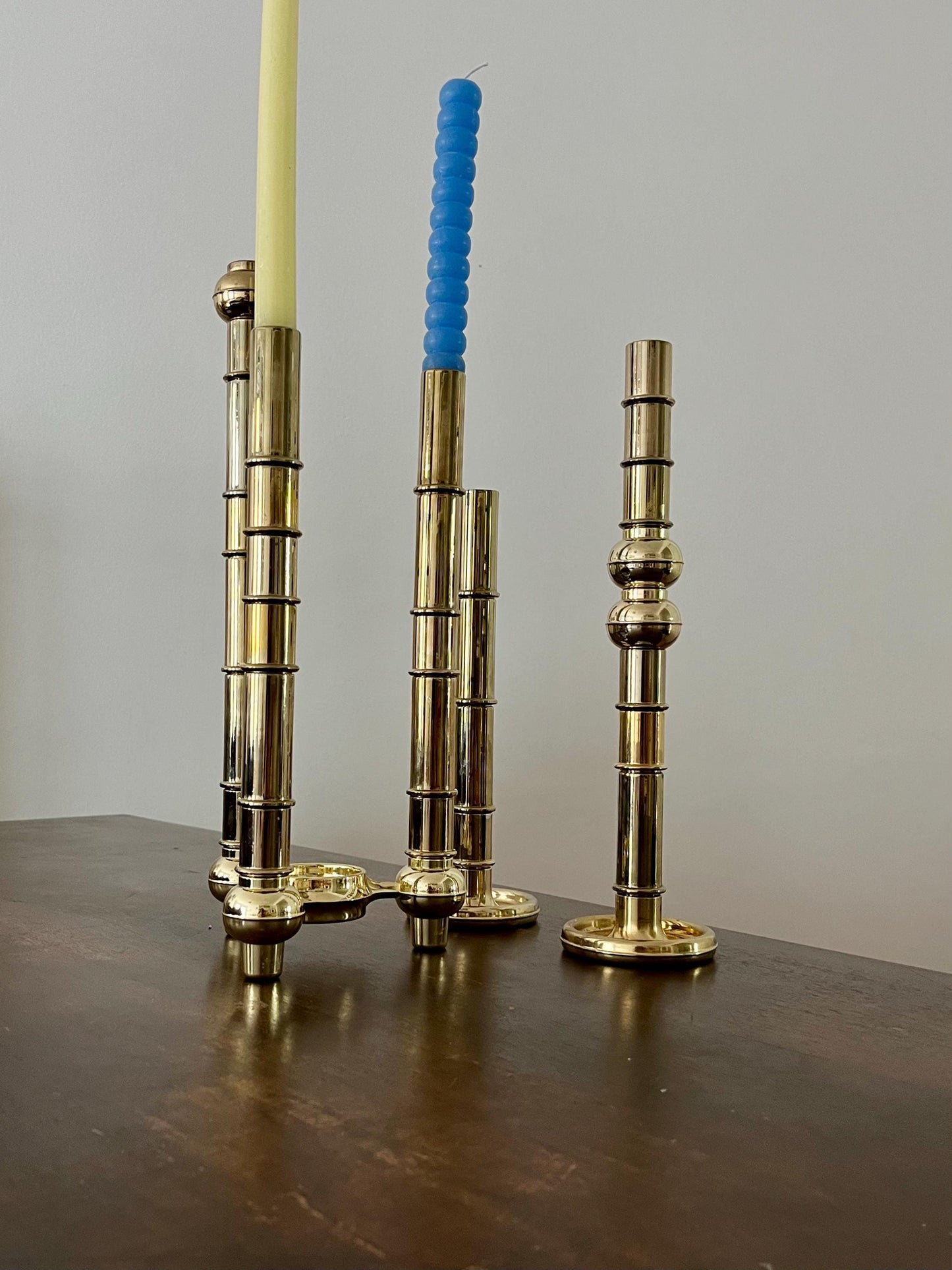 Very Rare Modular Scandinavian Brass Candlestick, 33-Piece Mid-Century Plug-In, Stoff Nagel System