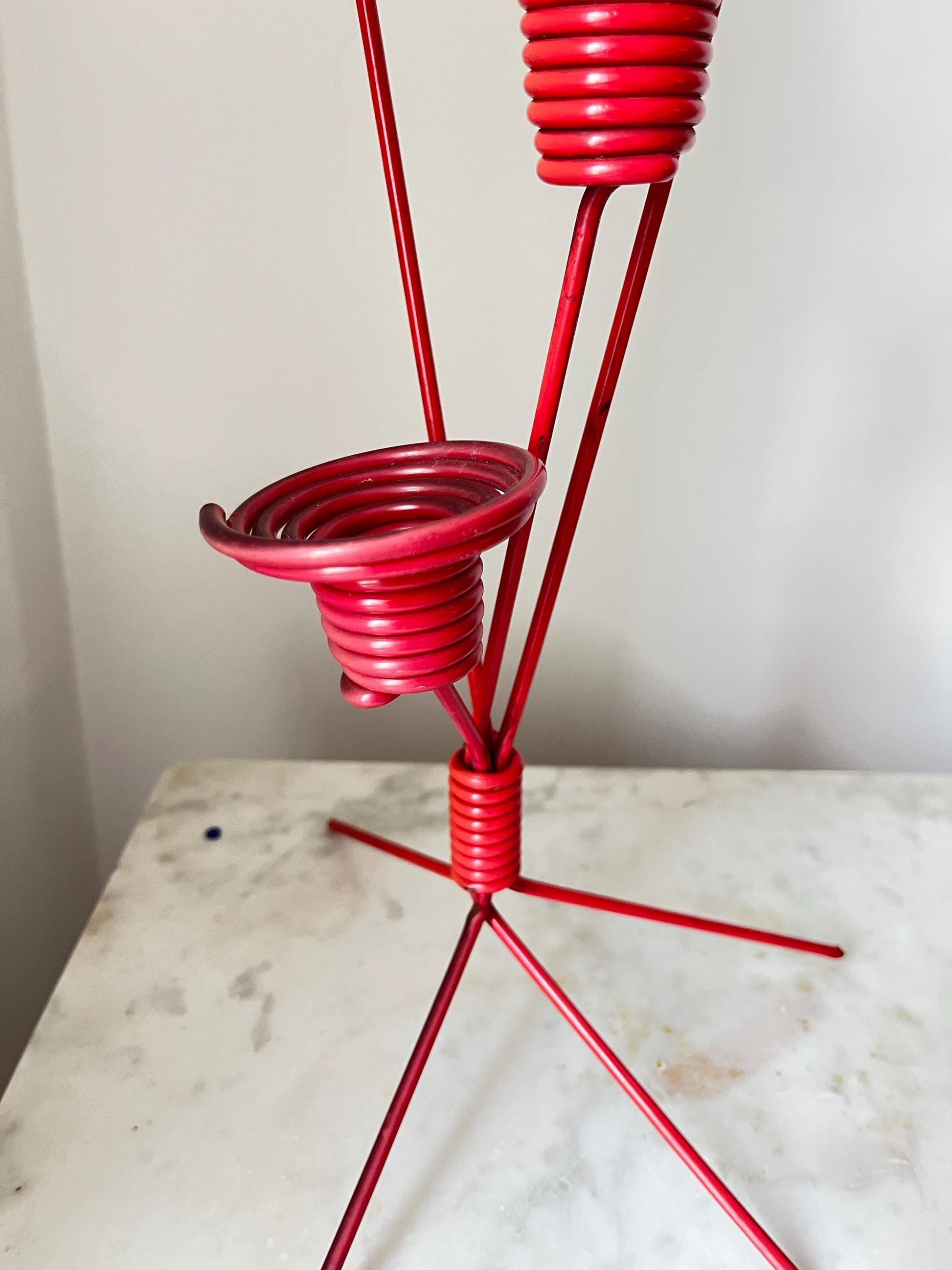 Vintage DDR red metal four-arm candlestick, East Germany, sculptural red four-arm candlestick