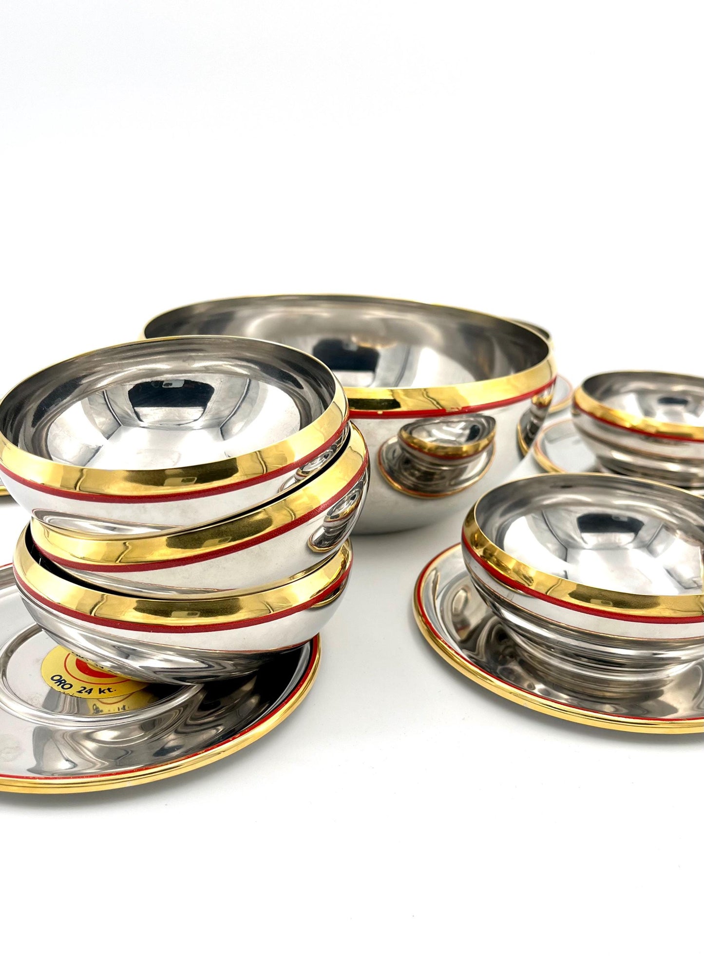 Vintage Gianfranco Gnali stainless steel bowls with 24k gold details, Italy 1980s, steel salad bowl set with gold accents