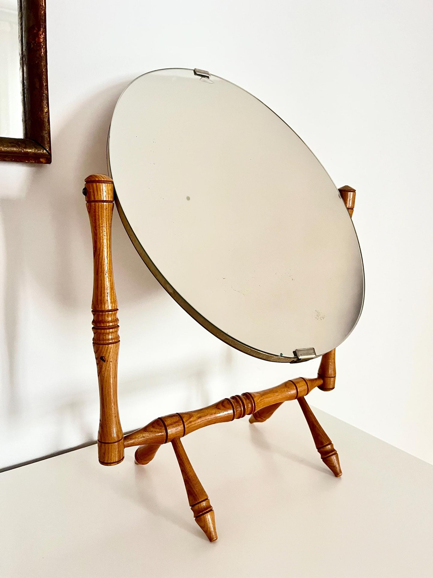 Vintage tilting wooden table mirror, Germany 1970s, round tilting vanity mirror