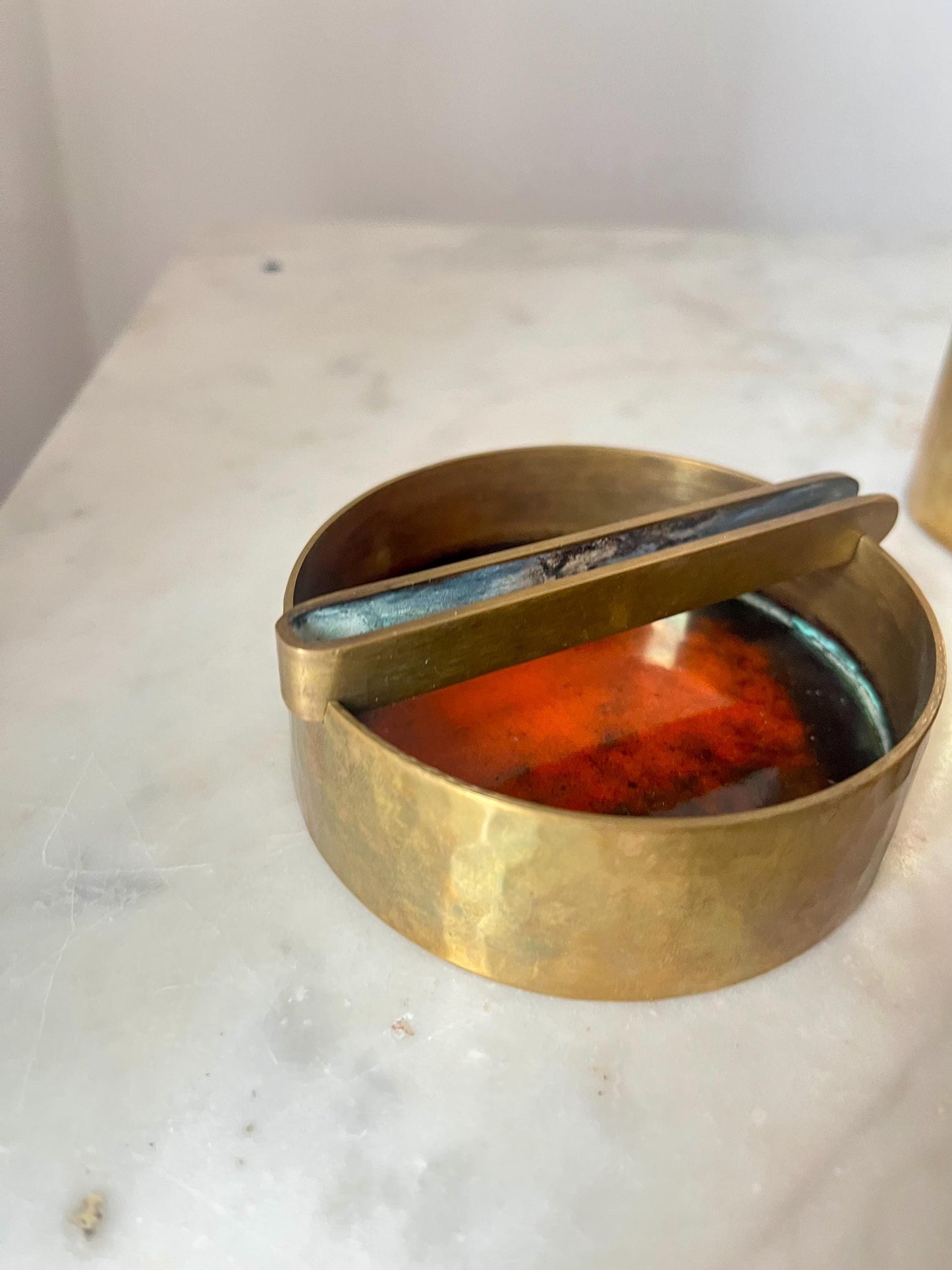 Red Enamel Bronze Set, Ashtray, Candle Holder, Jar, 1950s