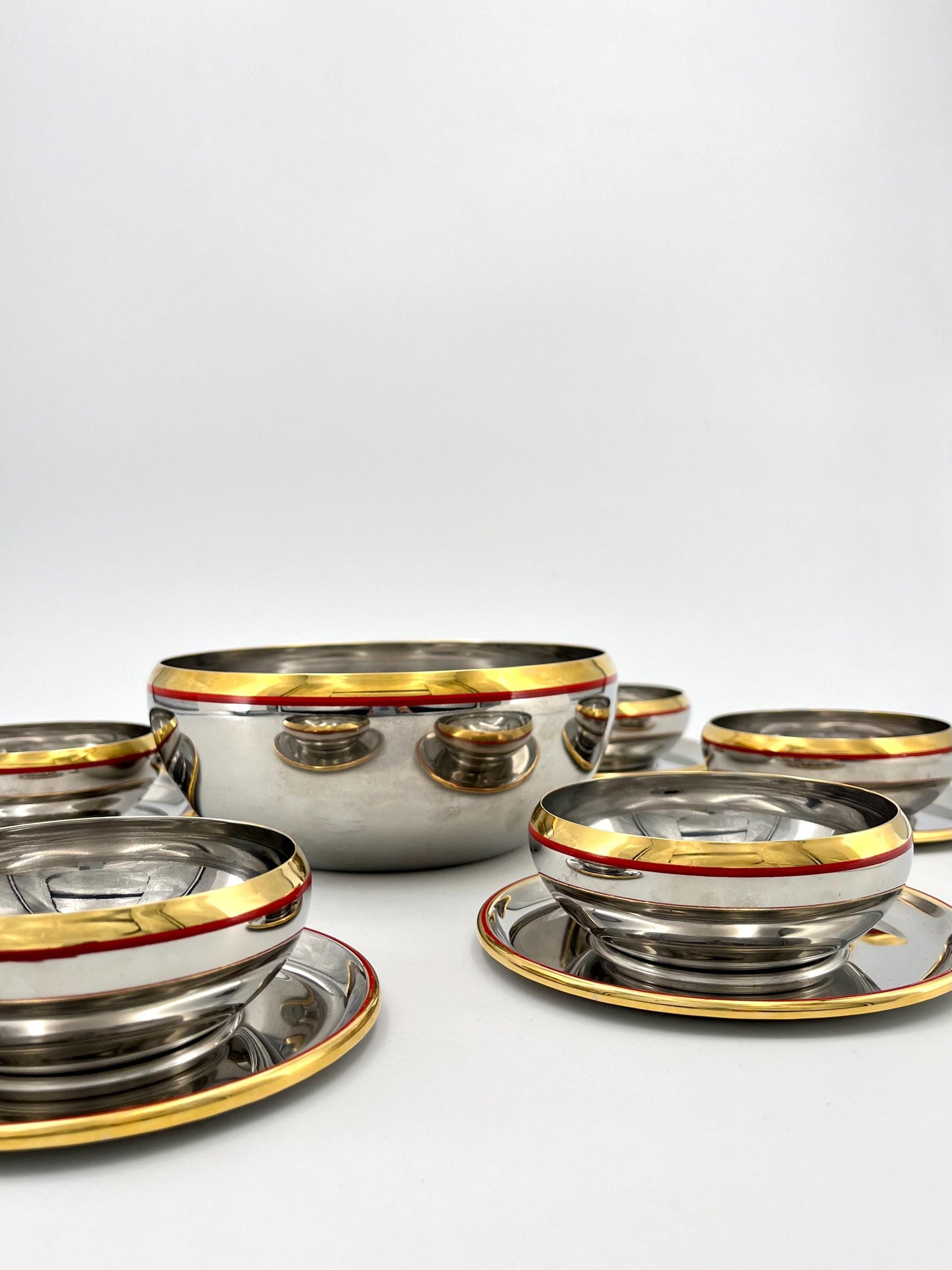 Vintage Gianfranco Gnali stainless steel bowls with 24k gold details, Italy 1980s, 1980s stainless steel and gold tableware