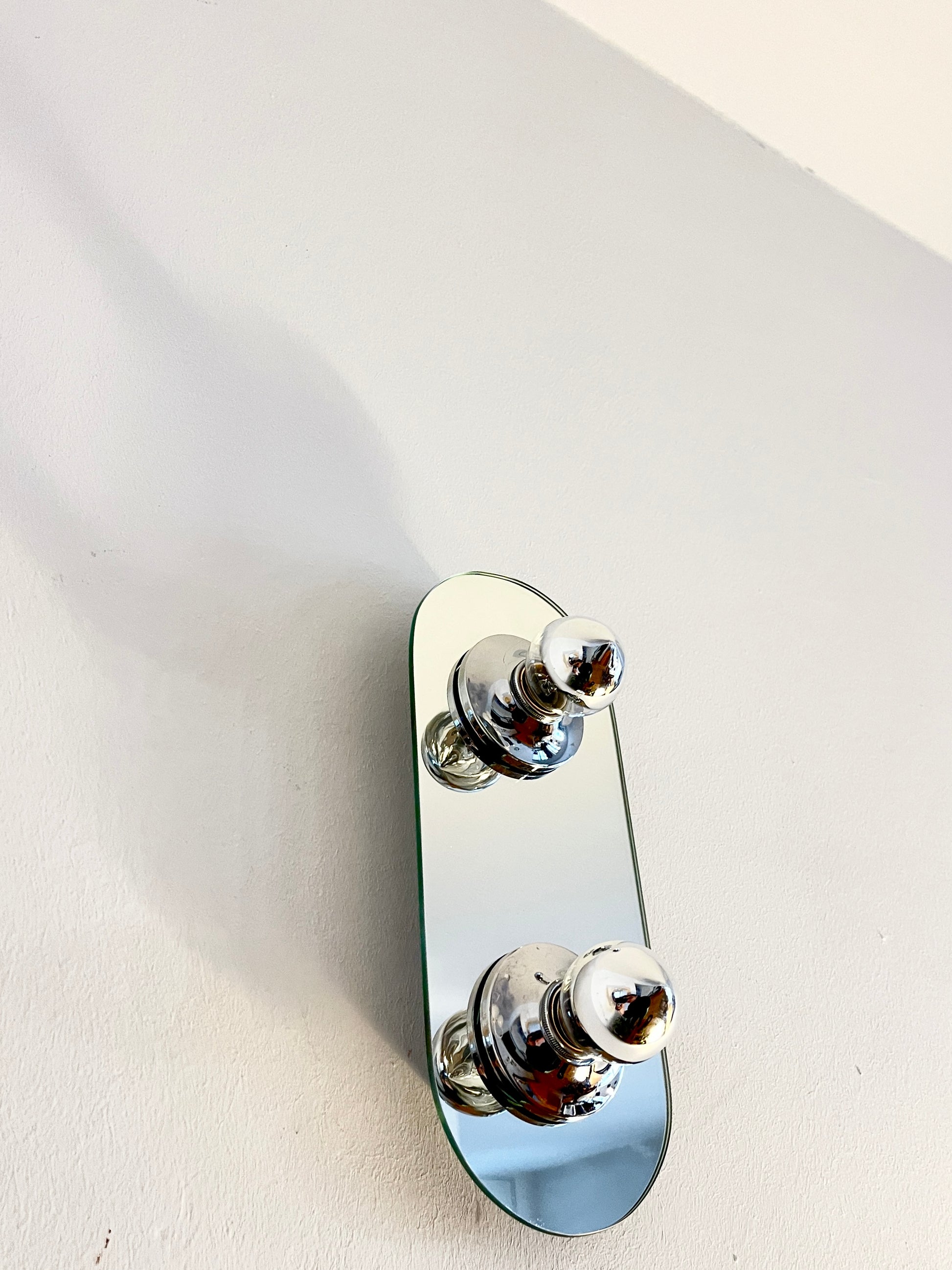 Vintage 1980s EGLO Germany wall lamp with mirrored glass front and silver metal frame, modernist two bulb sconce