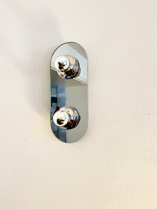 Vintage 1980s EGLO Germany wall lamp with mirrored glass front and silver metal frame, modernist two bulb sconce
