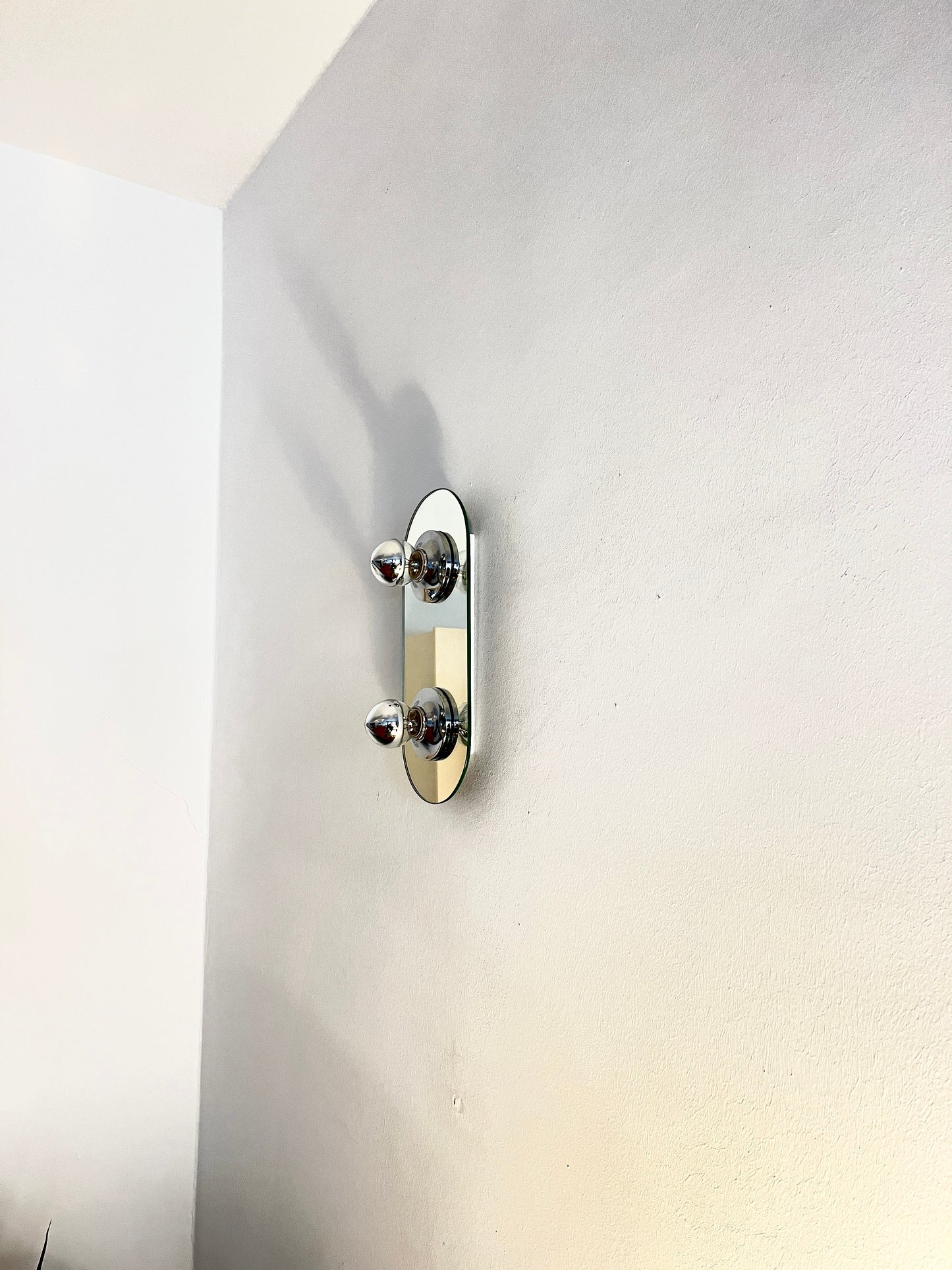 Vintage 1980s EGLO Germany wall lamp with mirrored glass front and silver metal frame, modernist two bulb sconce