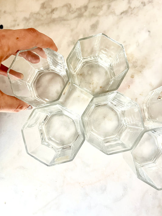 Vintage 6 x Hexagonal Clear Water Glasses, by Luminarc France, 1980s
