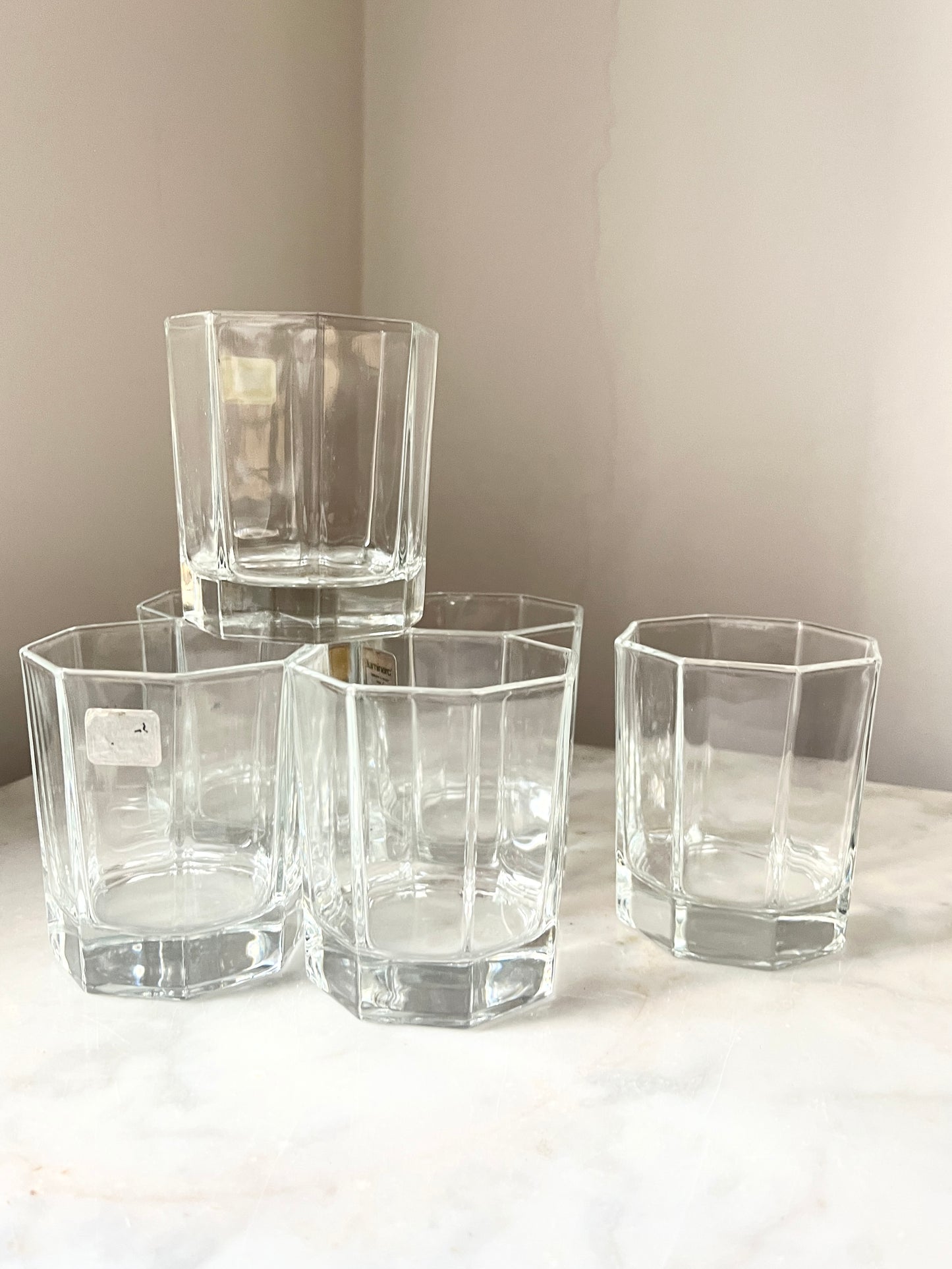 Vintage 6 x Hexagonal Clear Water Glasses, by Luminarc France, 1980s