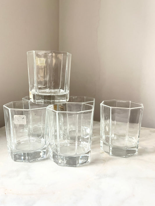 Vintage 6 x Hexagonal Clear Water Glasses, by Luminarc France, 1980s