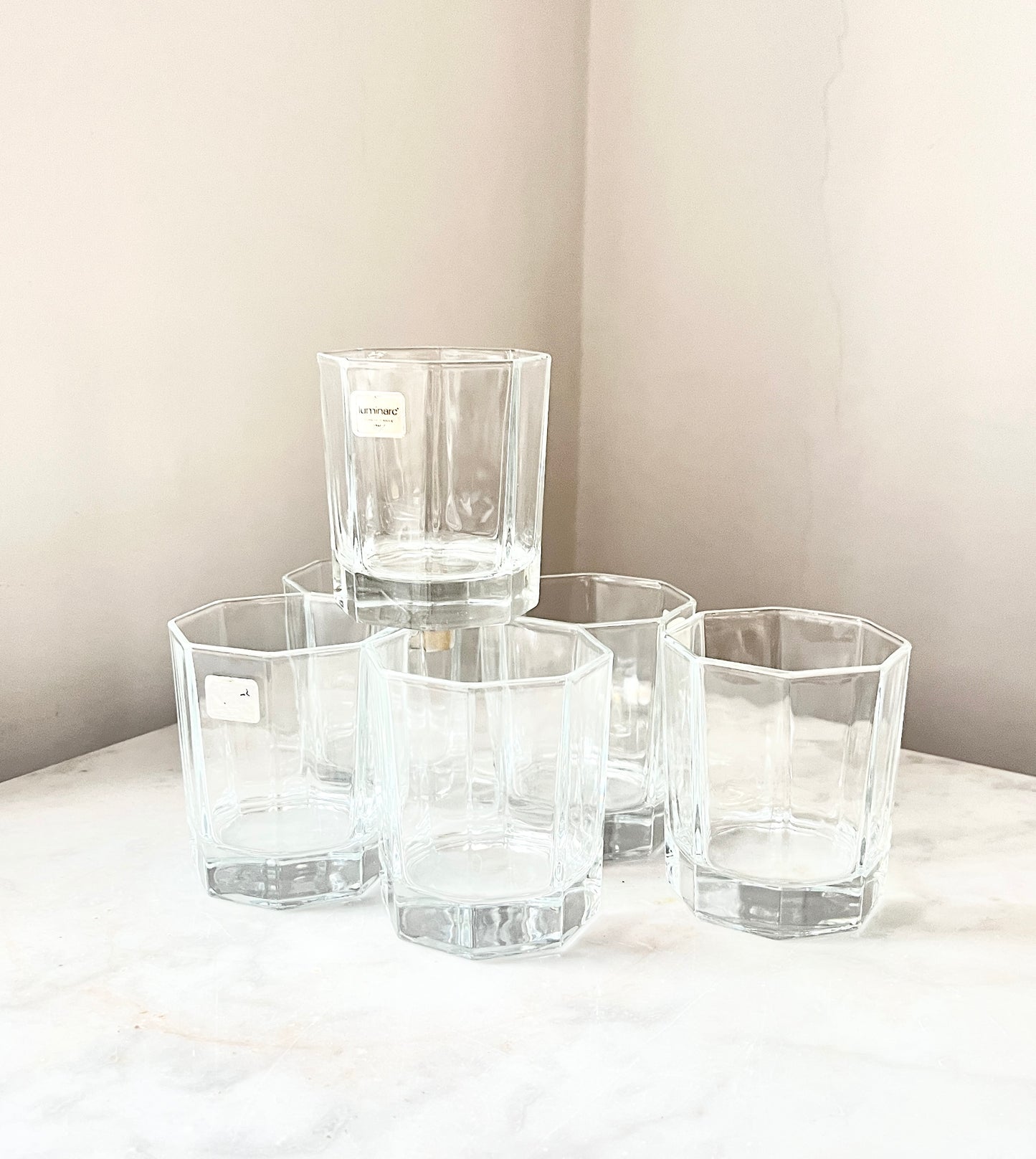 Vintage 6 x Hexagonal Clear Water Glasses, by Luminarc France, 1980s