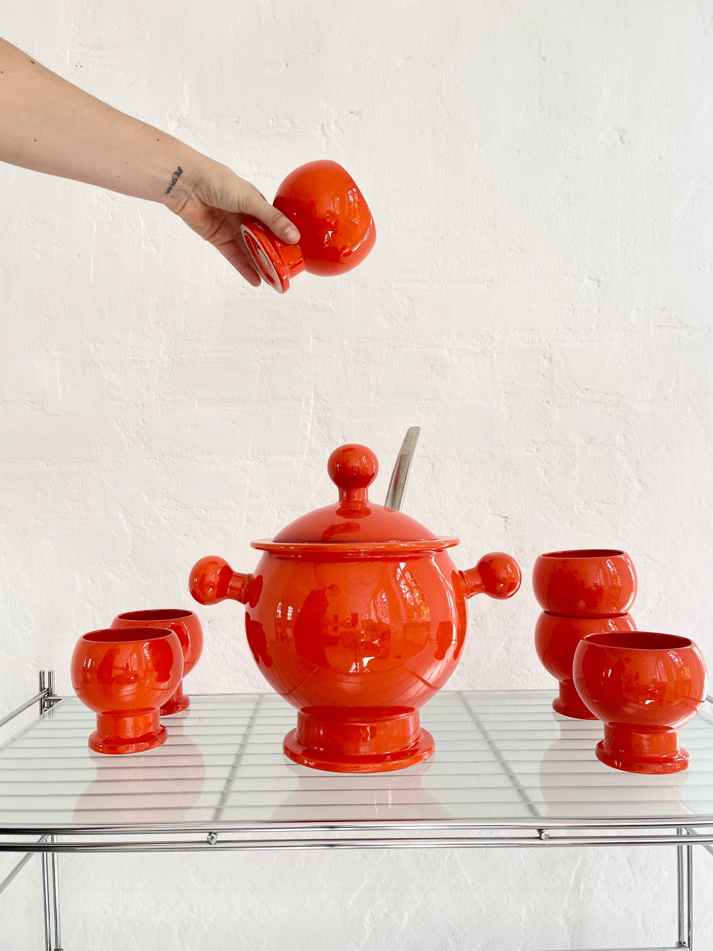 Orange Ceramic Punch Bowl Set, Germany, 1970s