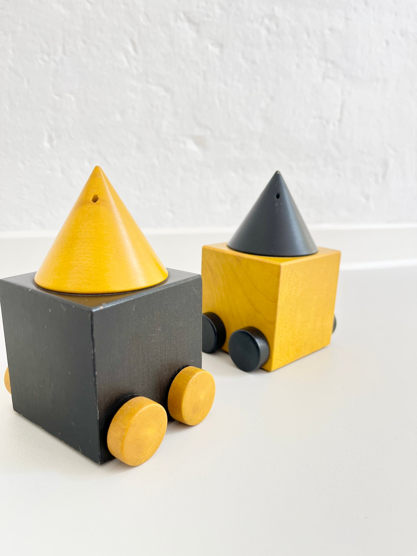 Wooden Salt and Pepper Shakers on Wheels, Legnomagia, Italy, 1980s
