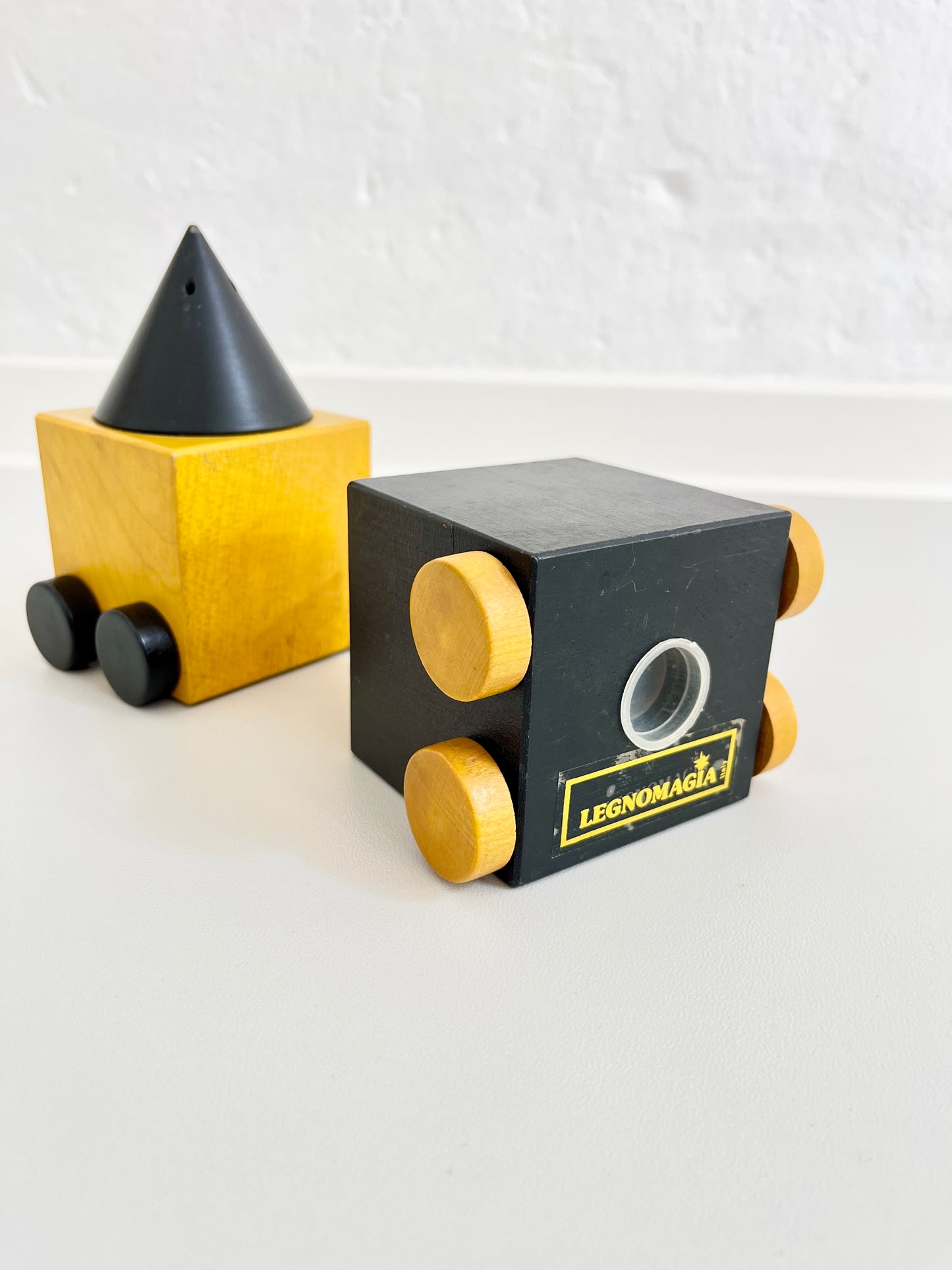 Wooden Salt and Pepper Shakers on Wheels, Legnomagia, Italy, 1980s