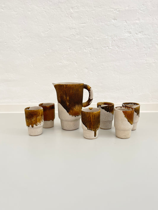 Studio Pottery Set, Drip Glaze Ceramic Cups & Pitcher, Germany, 1960s