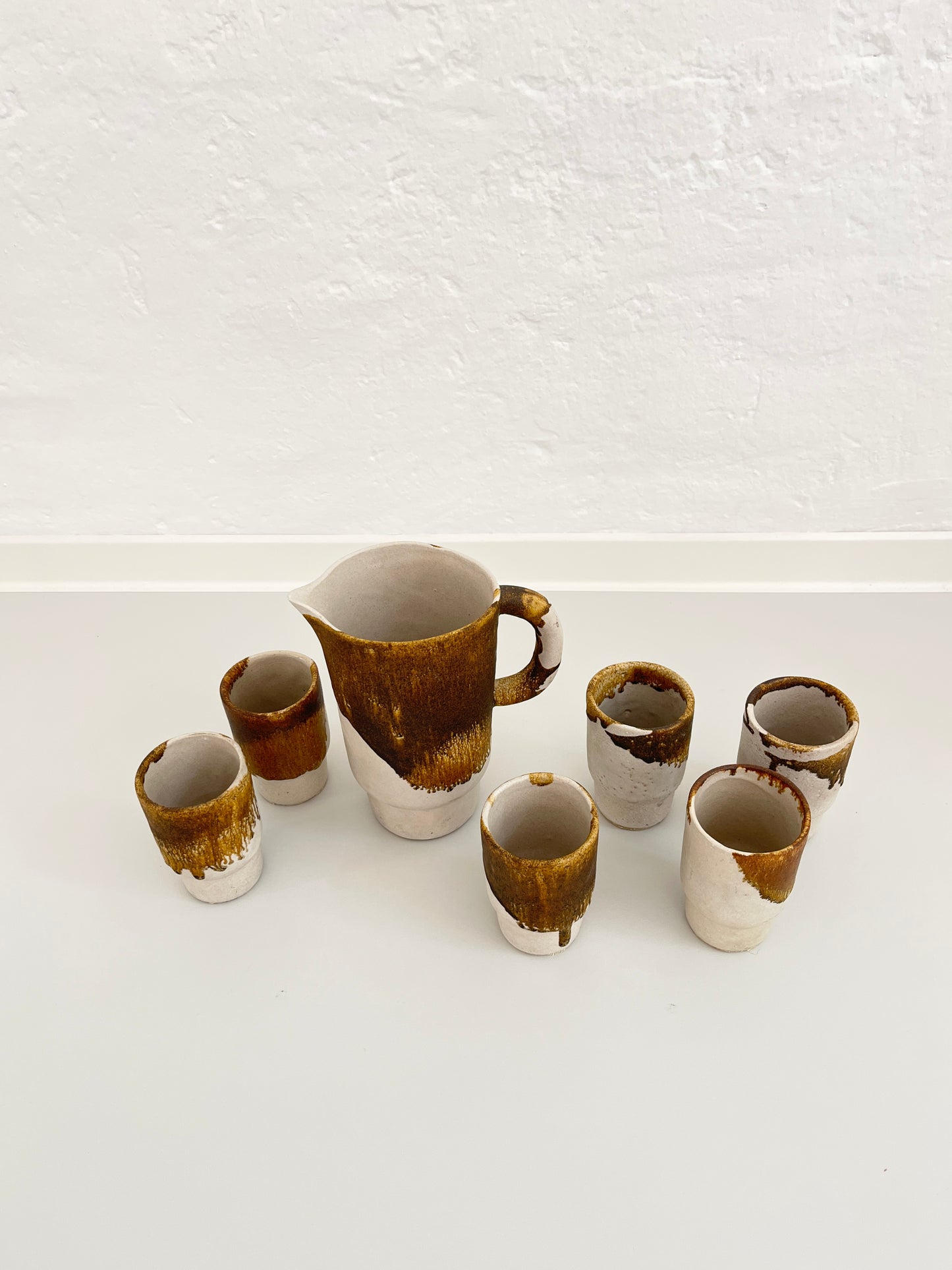 Studio Pottery Set, Drip Glaze Ceramic Cups & Pitcher, Germany, 1960s