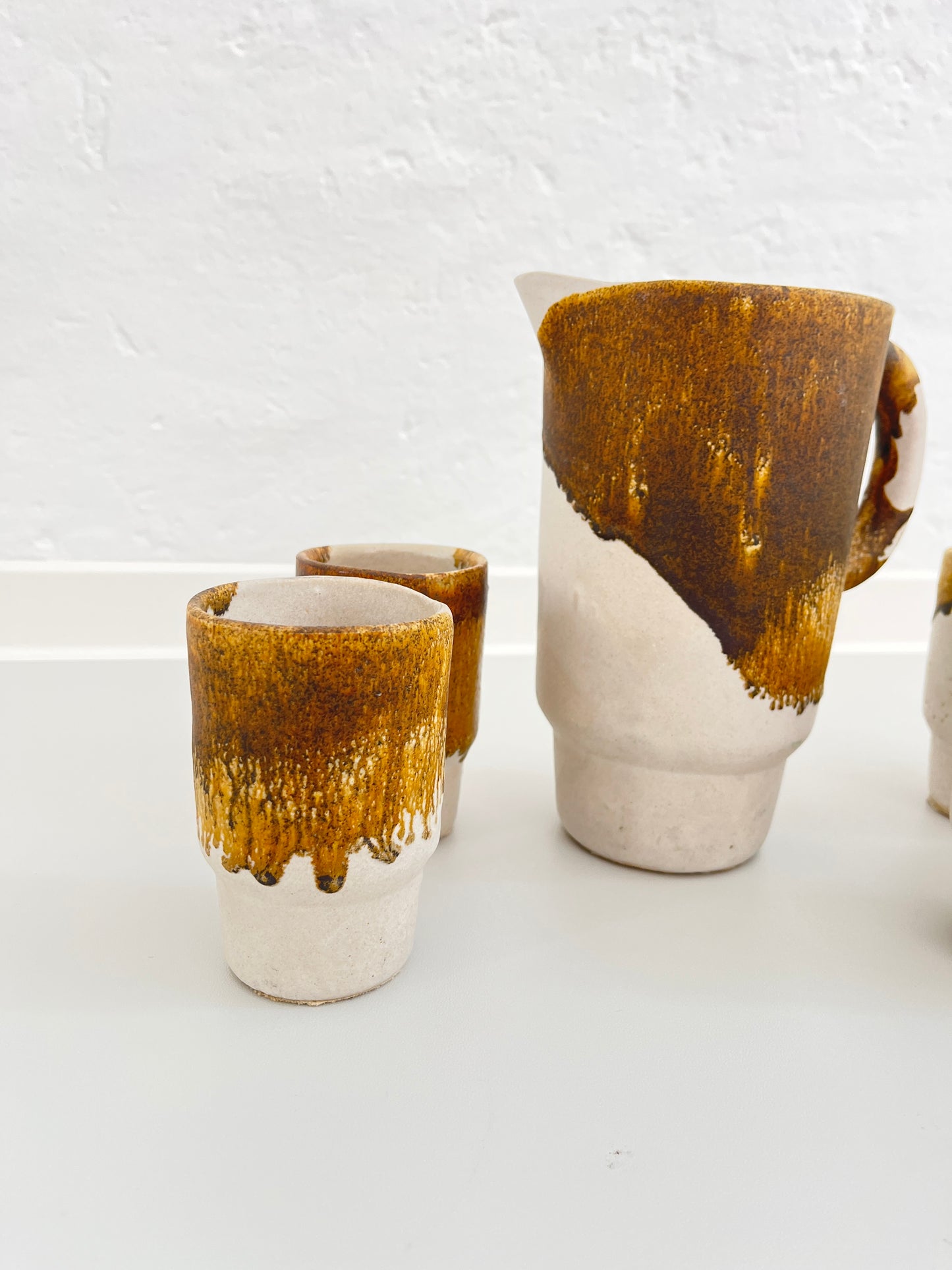 Studio Pottery Set, Drip Glaze Ceramic Cups & Pitcher, Germany, 1960s