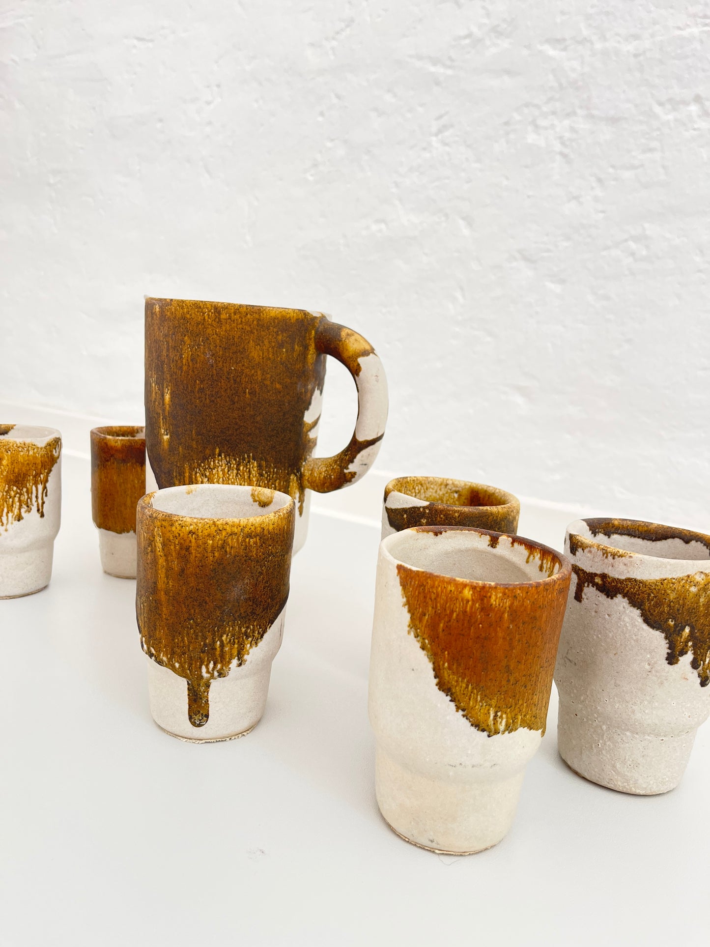 Studio Pottery Set, Drip Glaze Ceramic Cups & Pitcher, Germany, 1960s