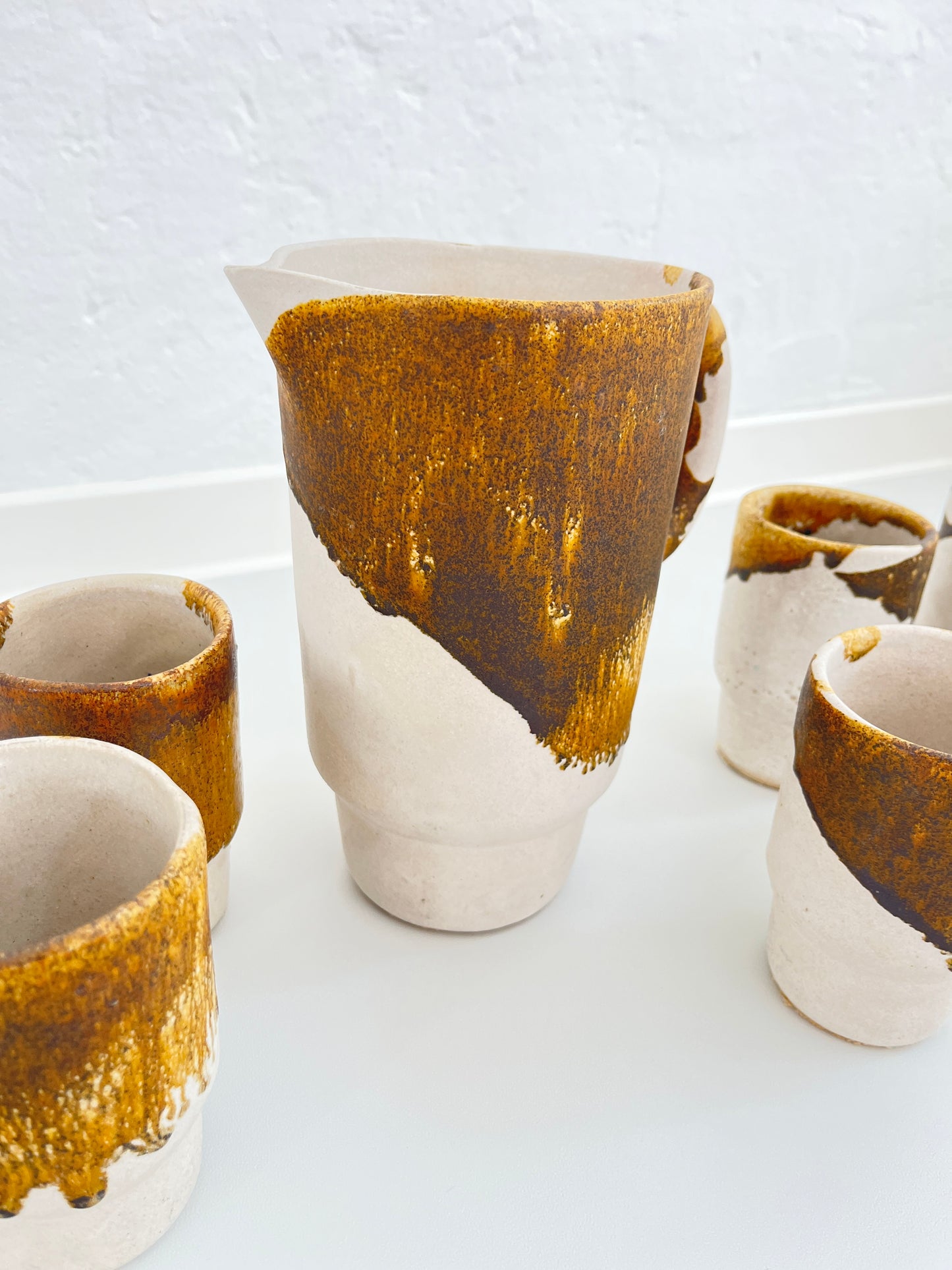 Studio Pottery Set, Drip Glaze Ceramic Cups & Pitcher, Germany, 1960s