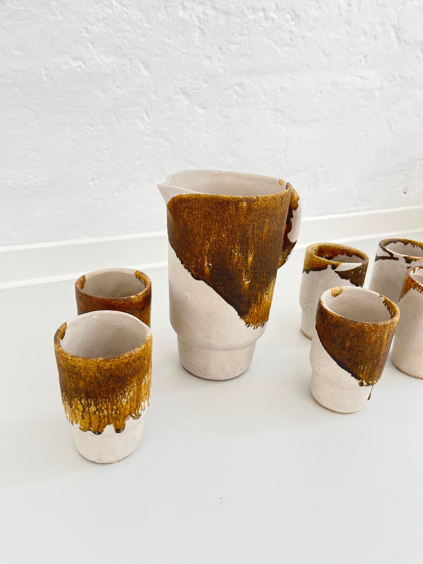 Studio Pottery Set, Drip Glaze Ceramic Cups & Pitcher, Germany, 1960s