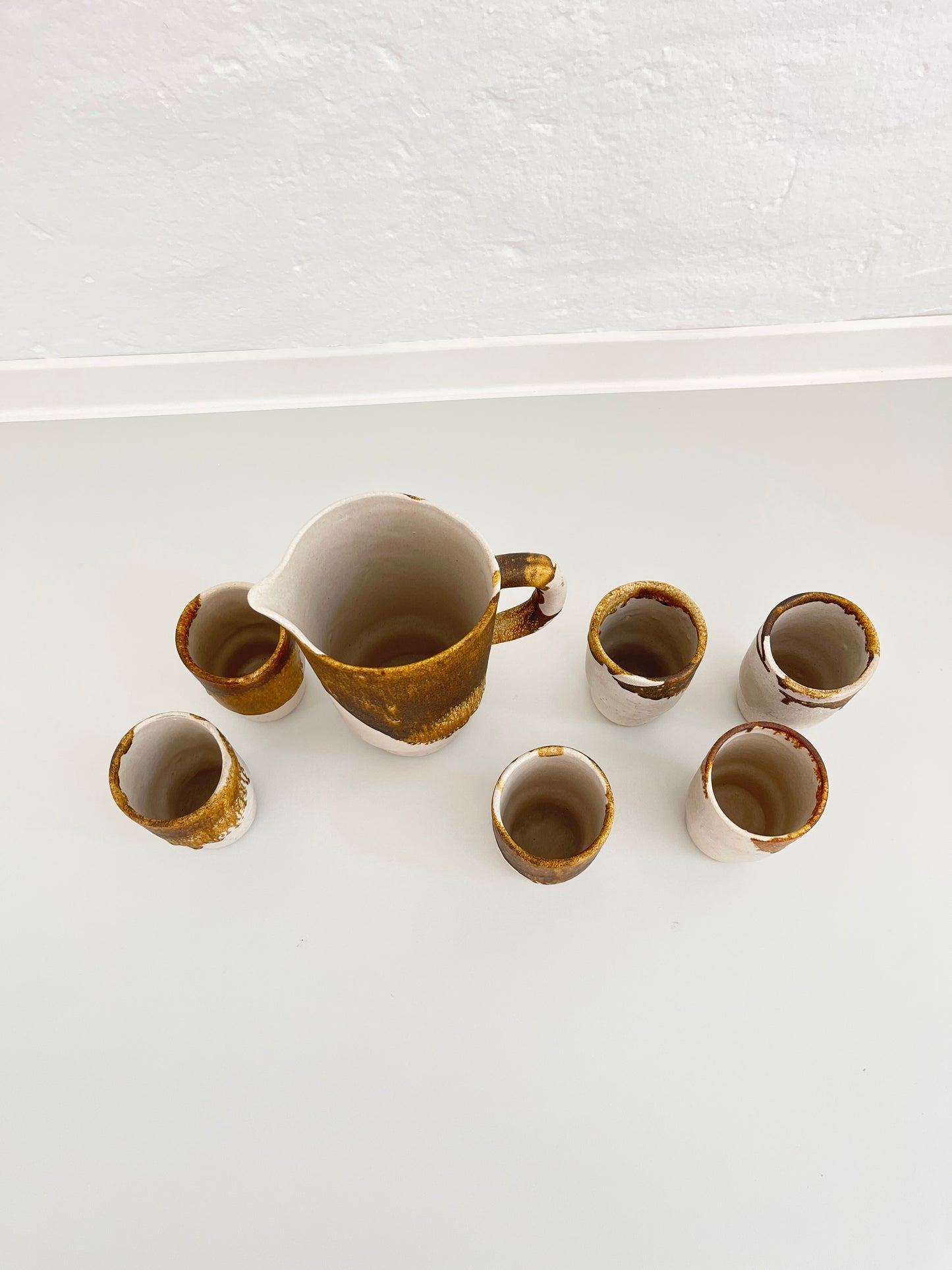 Studio Pottery Set, Drip Glaze Ceramic Cups & Pitcher, Germany, 1960s