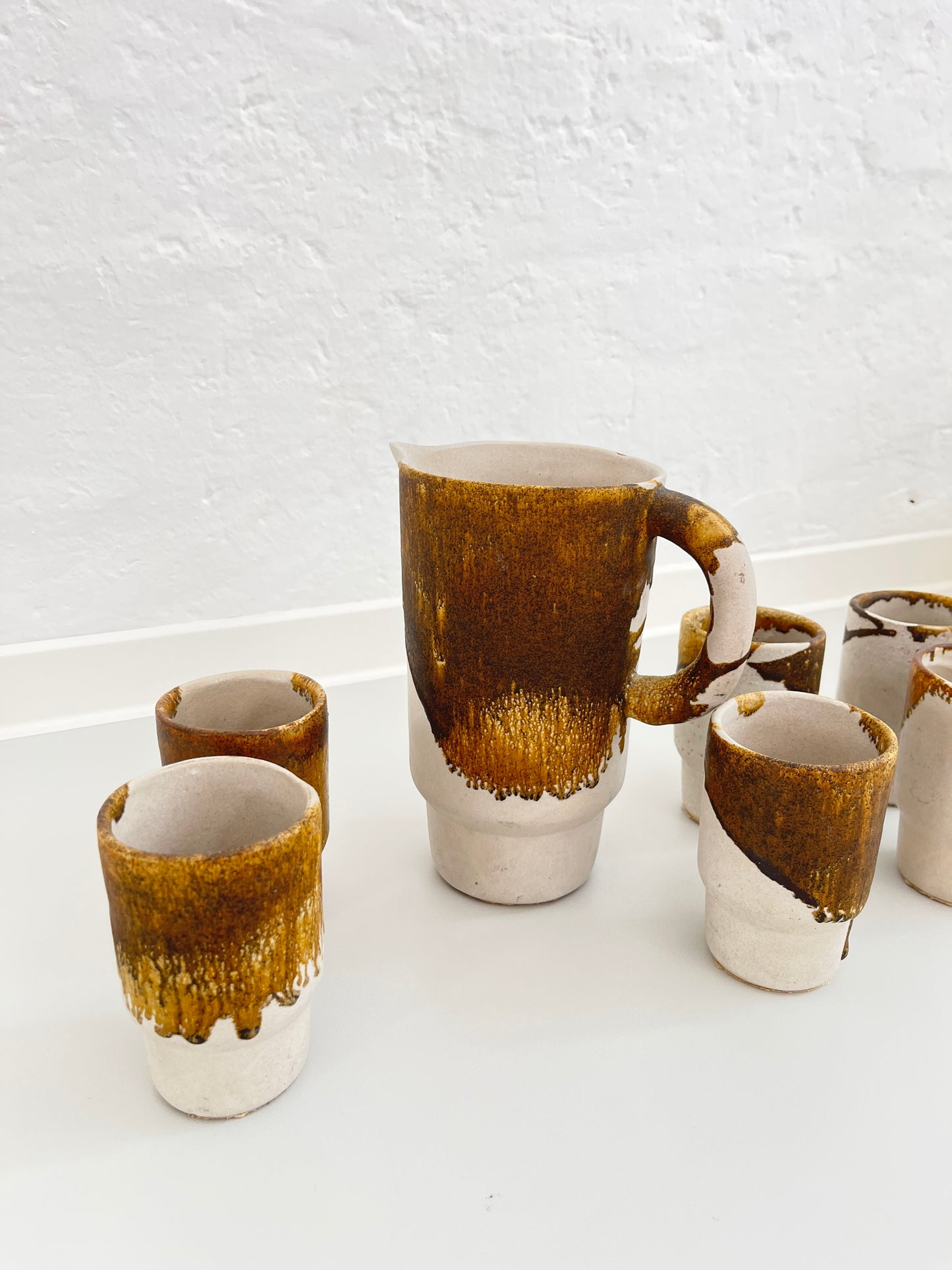 Studio Pottery Set, Drip Glaze Ceramic Cups & Pitcher, Germany, 1960s